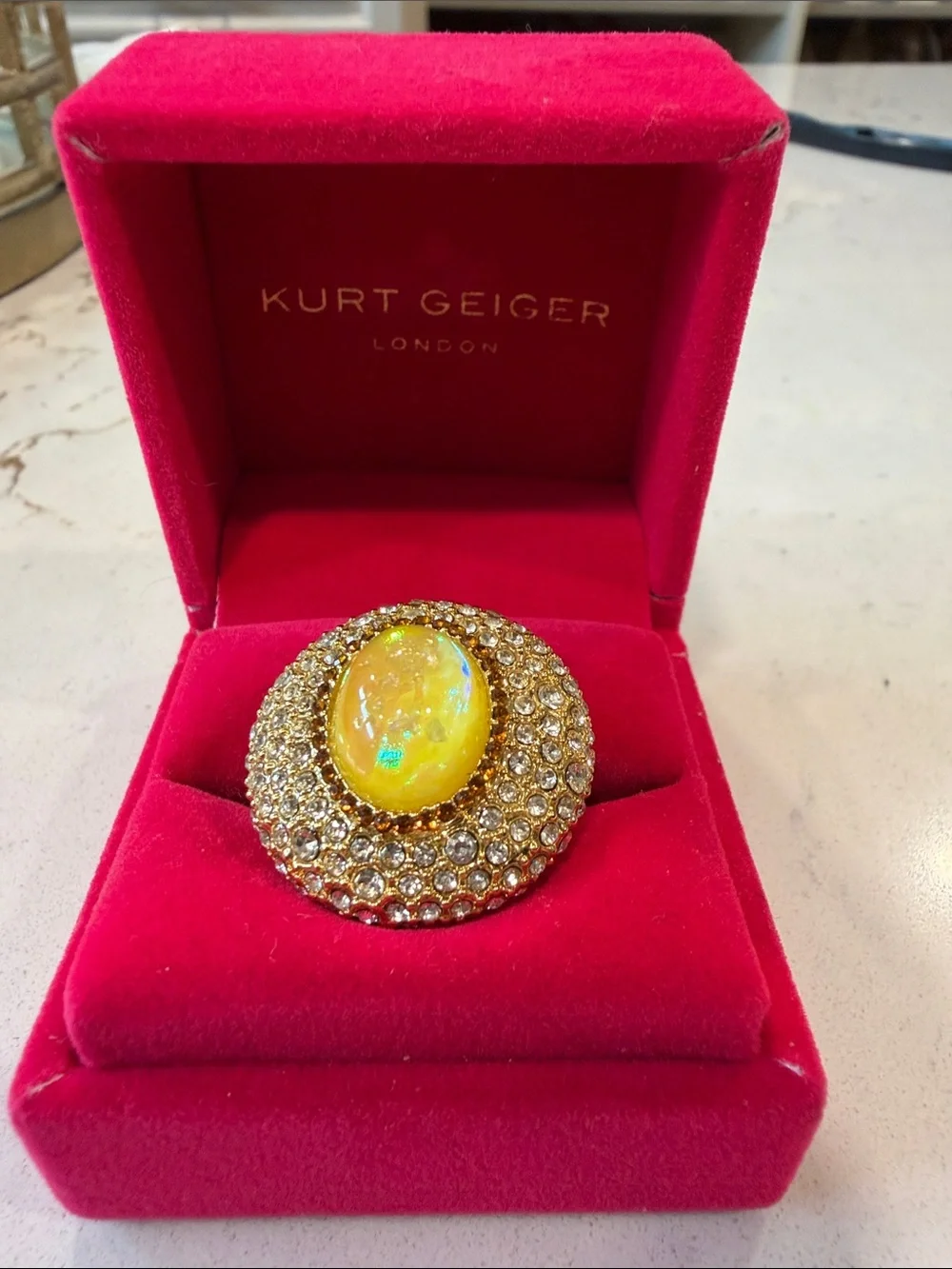 NIB Kurt Geiger Gold-Tone Yellow Opalescent Crystal Ring